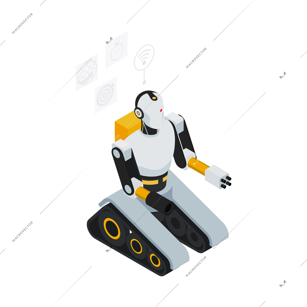 Isometric robot professions composition with isolated image of futuristic cyborg assistant on blank background vector illustration