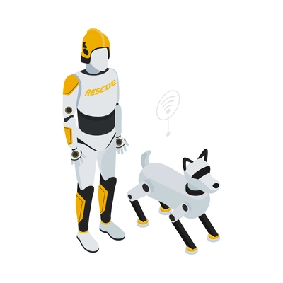 Isometric robot professions composition with isolated image of futuristic cyborg assistant on blank background vector illustration