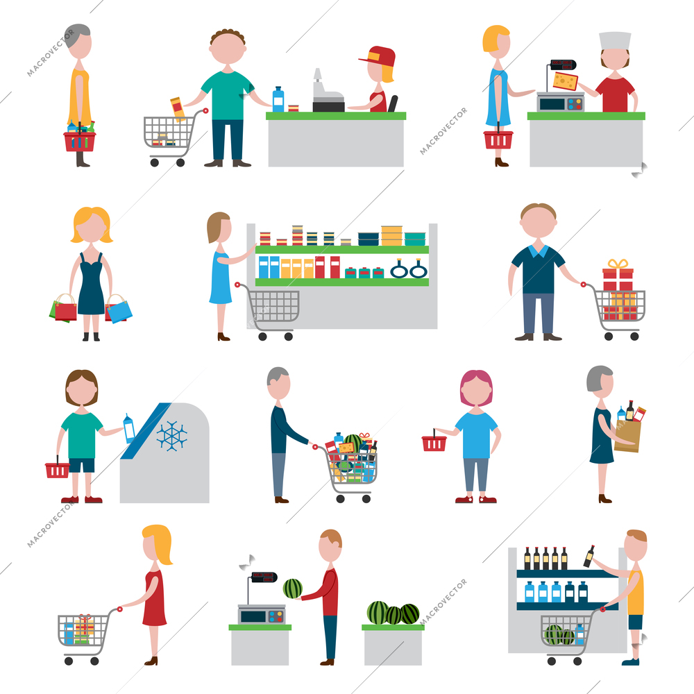 People in supermarket with shopping carts and baskets set isolated vector illustration