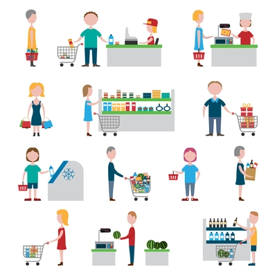 People in supermarket with shopping carts and baskets set isolated vector illustration