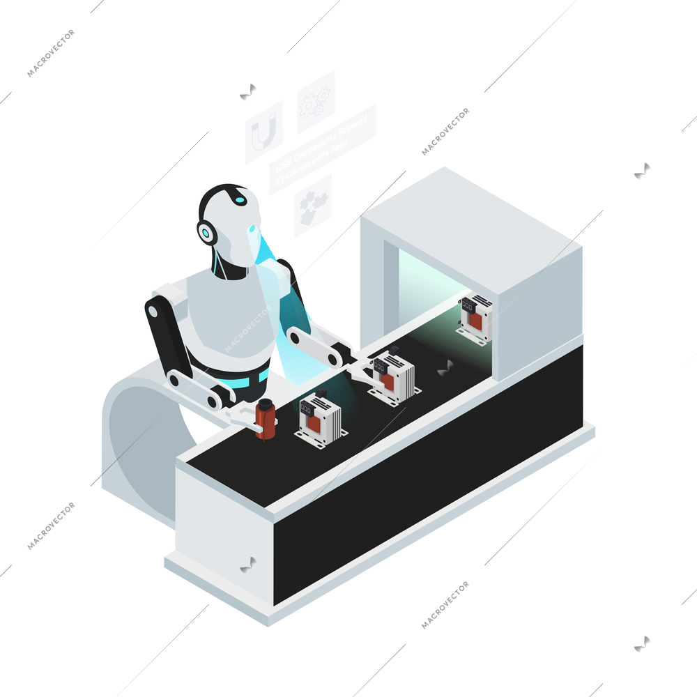 Isometric robot professions composition with isolated image of futuristic cyborg assistant on blank background vector illustration