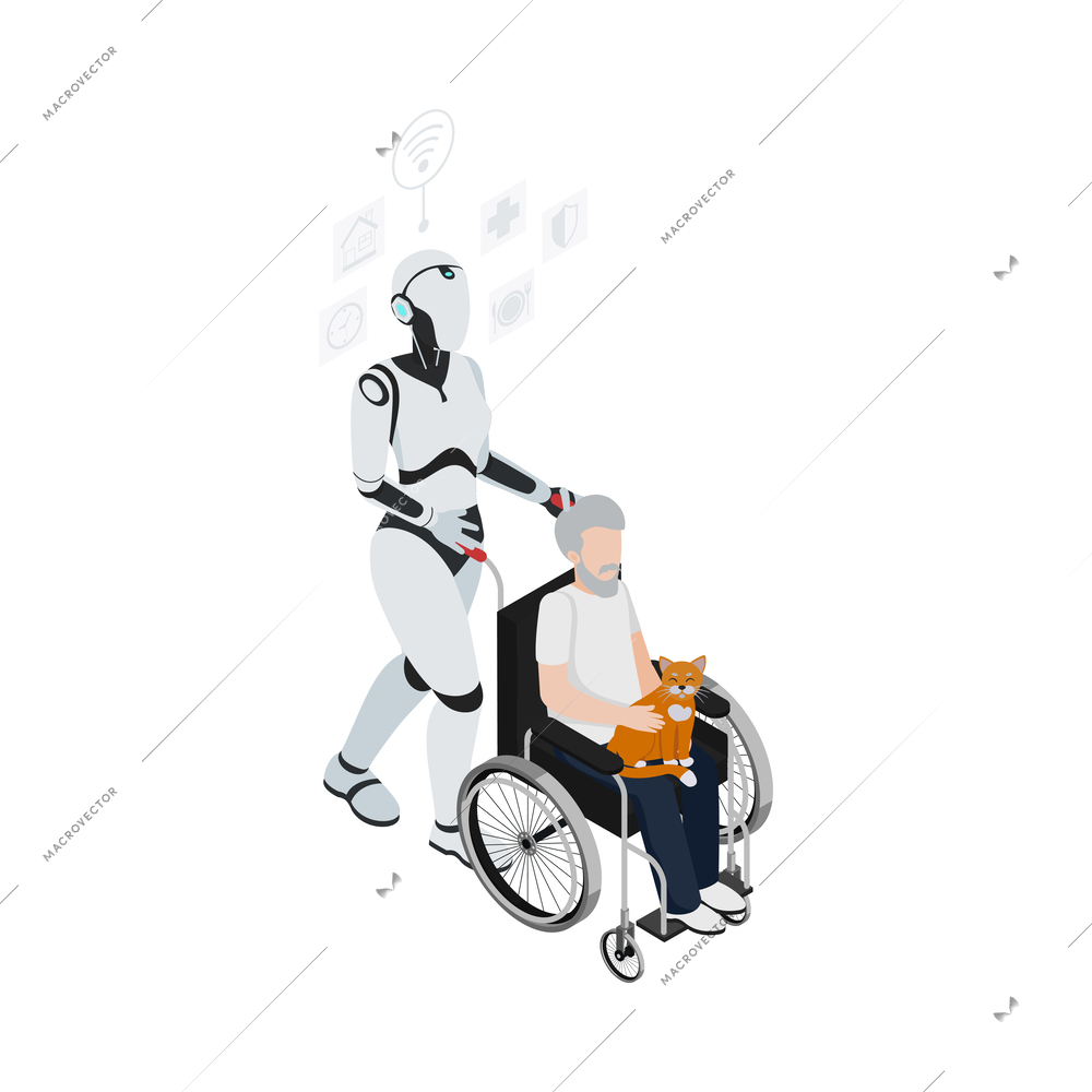 Isometric robot professions composition with isolated image of futuristic cyborg assistant on blank background vector illustration