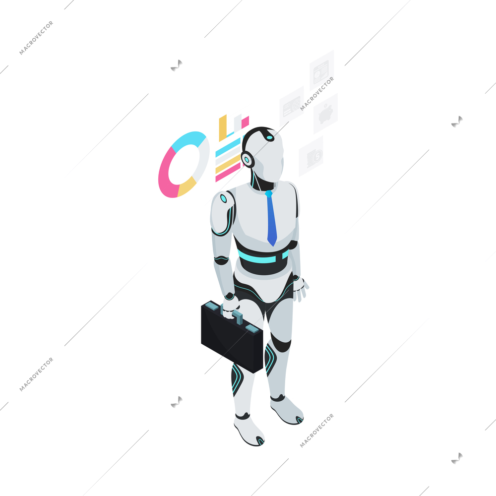 Isometric robot professions composition with isolated image of futuristic cyborg assistant on blank background vector illustration