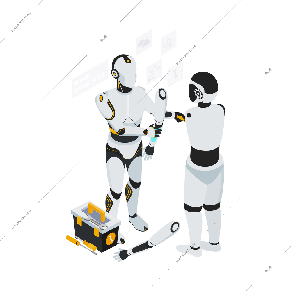 Isometric robot professions composition with isolated image of futuristic cyborg assistant on blank background vector illustration