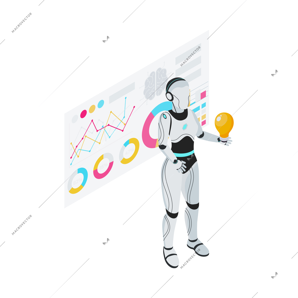 Isometric robot professions composition with isolated image of futuristic cyborg assistant on blank background vector illustration