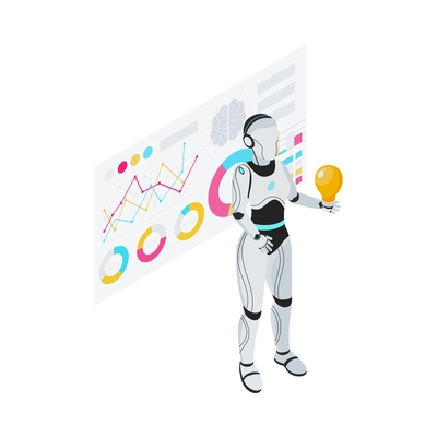 Isometric robot professions composition with isolated image of futuristic cyborg assistant on blank background vector illustration