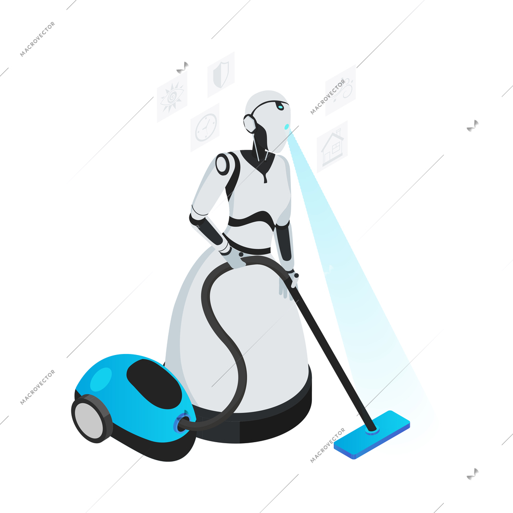 Isometric robot professions composition with isolated image of futuristic cyborg assistant on blank background vector illustration