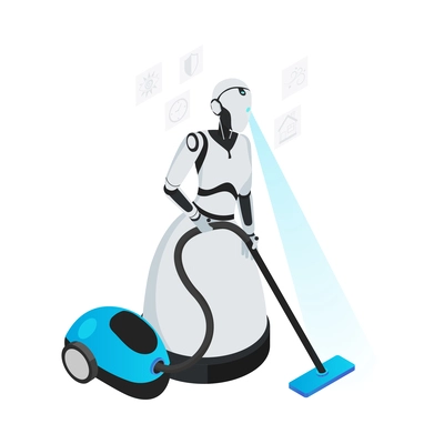 Isometric robot professions composition with isolated image of futuristic cyborg assistant on blank background vector illustration