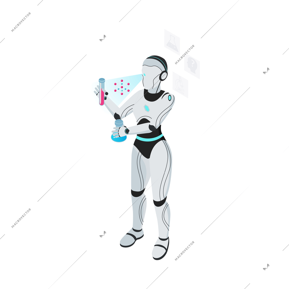 Isometric robot professions composition with isolated image of futuristic cyborg assistant on blank background vector illustration