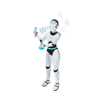 Isometric robot professions composition with isolated image of futuristic cyborg assistant on blank background vector illustration