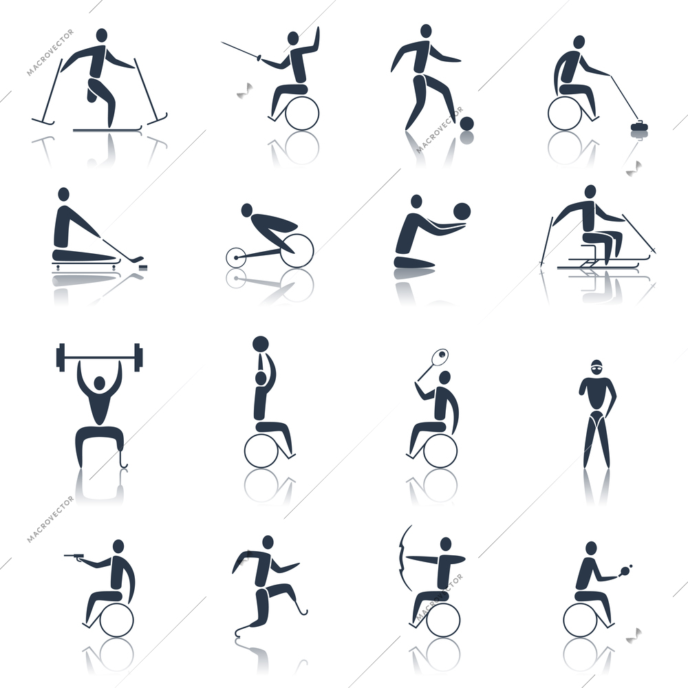 Disabled sports icons black set with handicapped athletes skiing cycling powerlifting isolated vector illustration