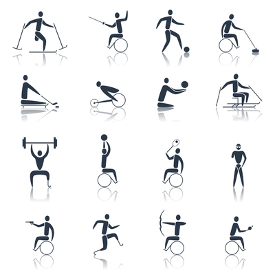 Disabled sports icons black set with handicapped athletes skiing cycling powerlifting isolated vector illustration