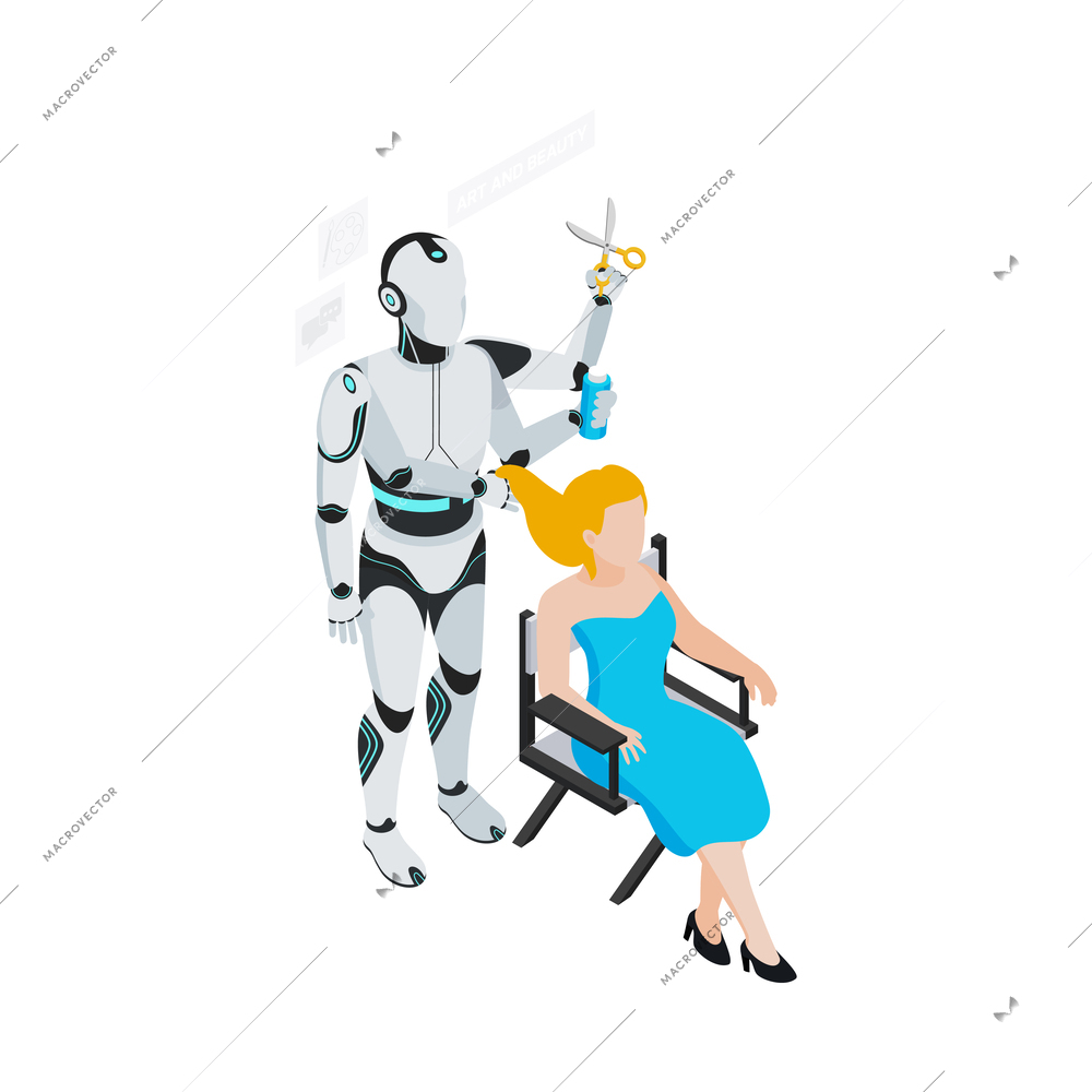 Isometric robot professions composition with isolated image of futuristic cyborg assistant on blank background vector illustration