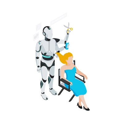 Isometric robot professions composition with isolated image of futuristic cyborg assistant on blank background vector illustration