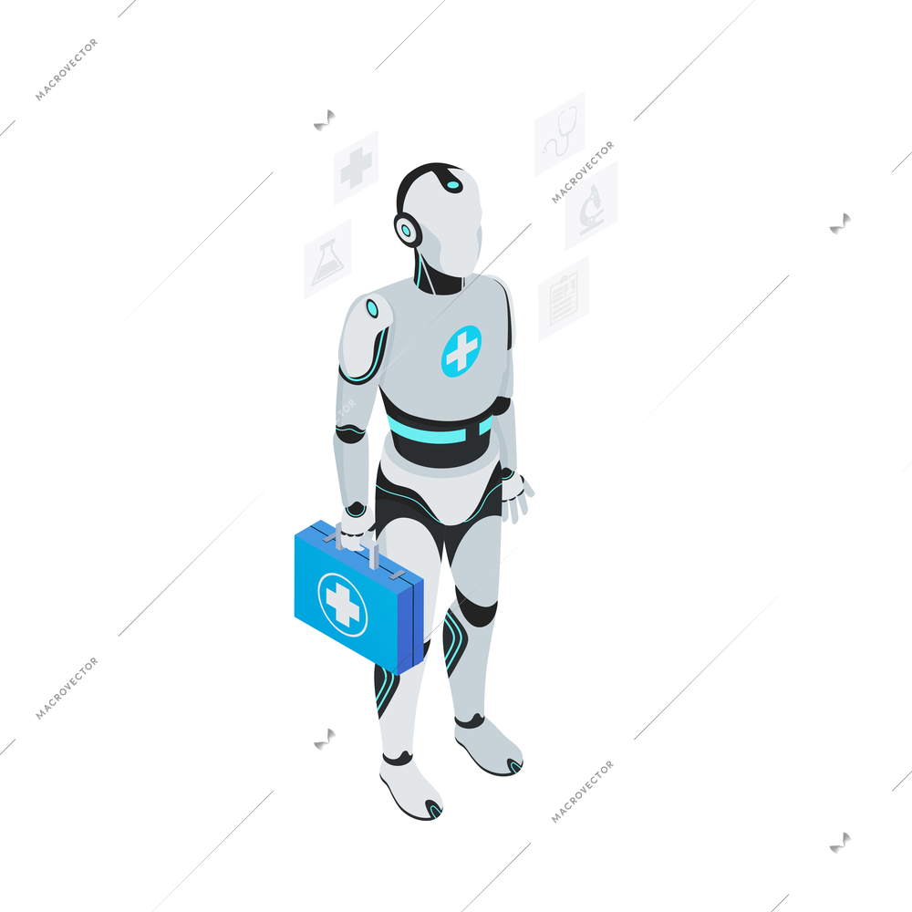 Isometric robot professions composition with isolated image of futuristic cyborg assistant on blank background vector illustration