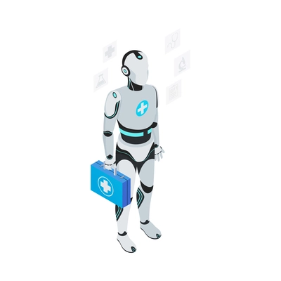 Isometric robot professions composition with isolated image of futuristic cyborg assistant on blank background vector illustration