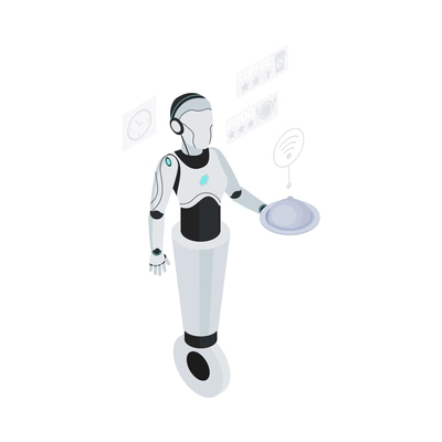 Isometric robot professions composition with isolated image of futuristic cyborg assistant on blank background vector illustration