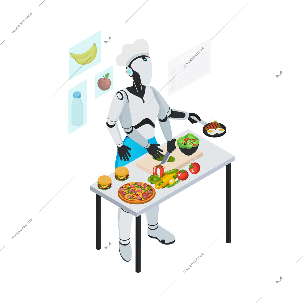 Isometric robot professions composition with isolated image of futuristic cyborg assistant on blank background vector illustration