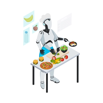 Isometric robot professions composition with isolated image of futuristic cyborg assistant on blank background vector illustration