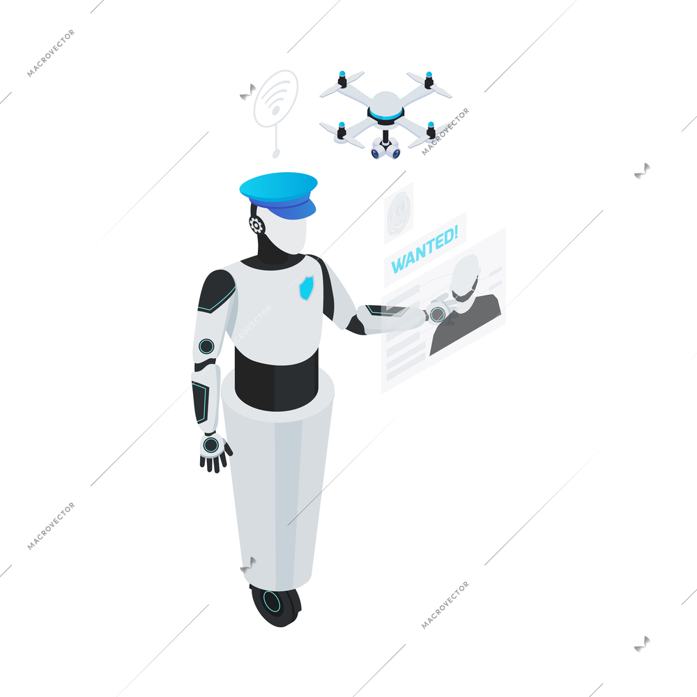 Isometric robot professions composition with isolated image of futuristic cyborg assistant on blank background vector illustration