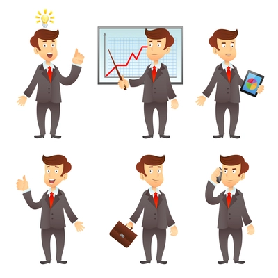 Formally dressed  businessman  project manager cartoon character flat icons set with graphic diagram presentation isolated vector illustration