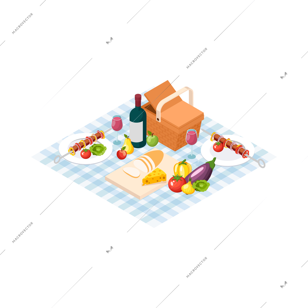 Isometic bbq grill picnic composition with isolated icons on blank background vector illustration