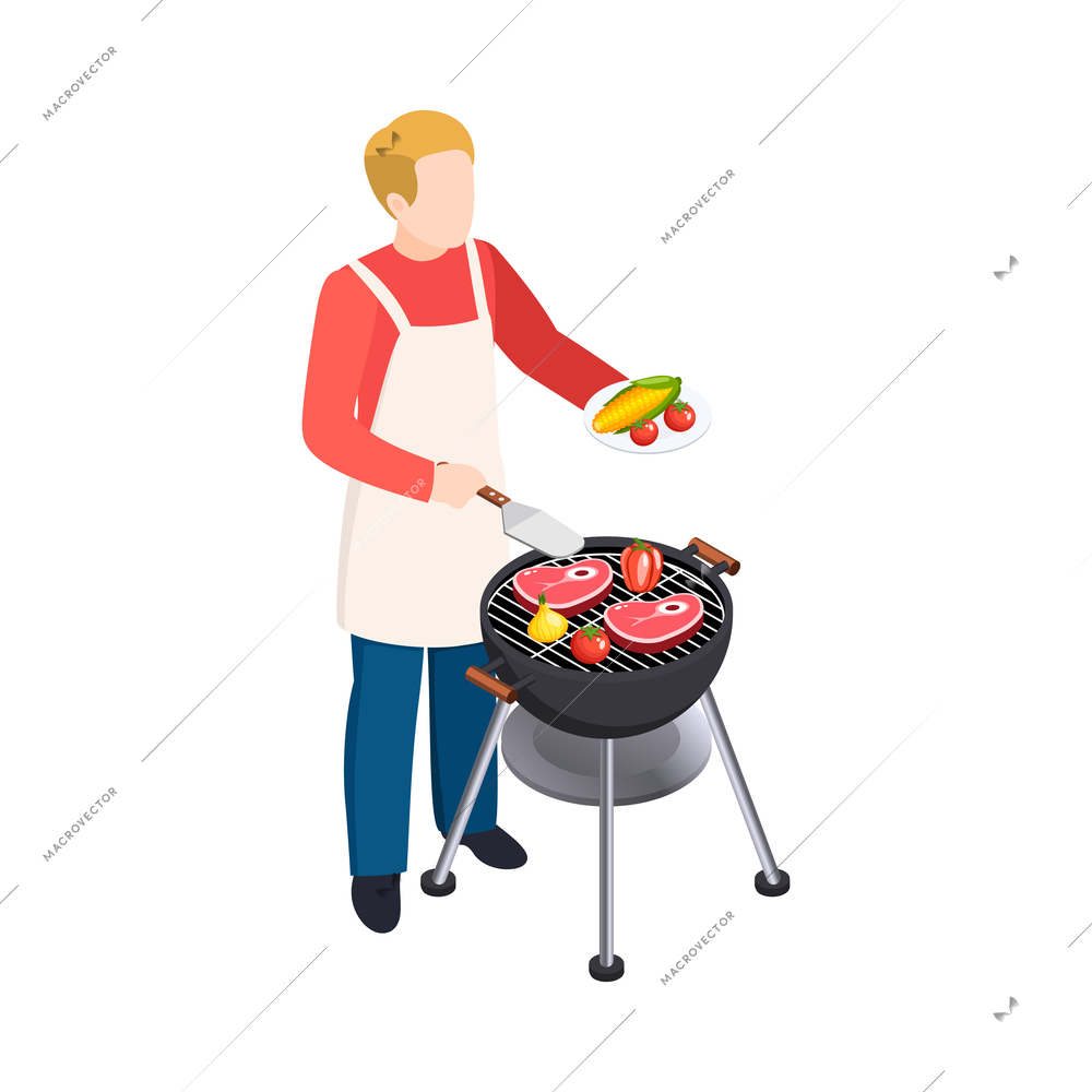 Isometic bbq grill picnic composition with isolated icons on blank background vector illustration