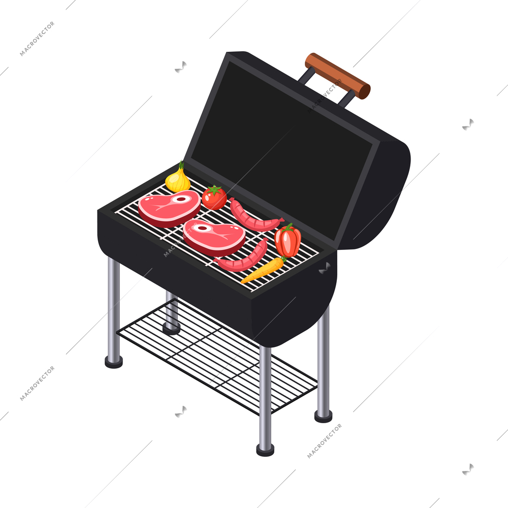 Isometic bbq grill picnic composition with isolated icons on blank background vector illustration