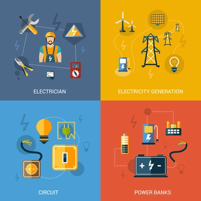 Electricity design concept set with electrician generation circuit power banks flat icons isolated vector illustration