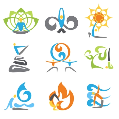 Yoga emblems religion spiritual and fitness practice elements set isolated vector illustration