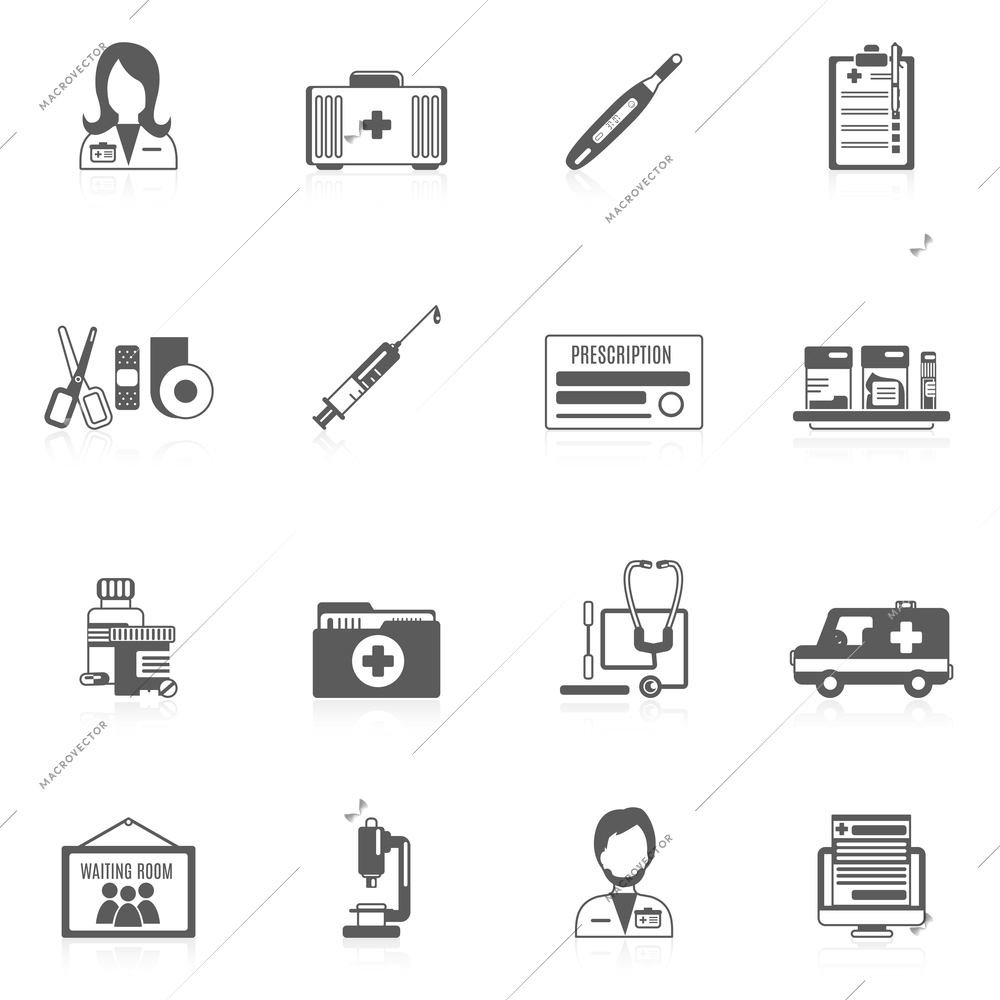 Doctor black icon set with healthcare service medical specialists elements isolated vector illustration