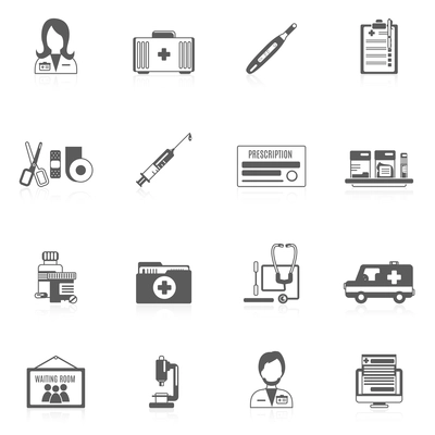 Doctor black icon set with healthcare service medical specialists elements isolated vector illustration