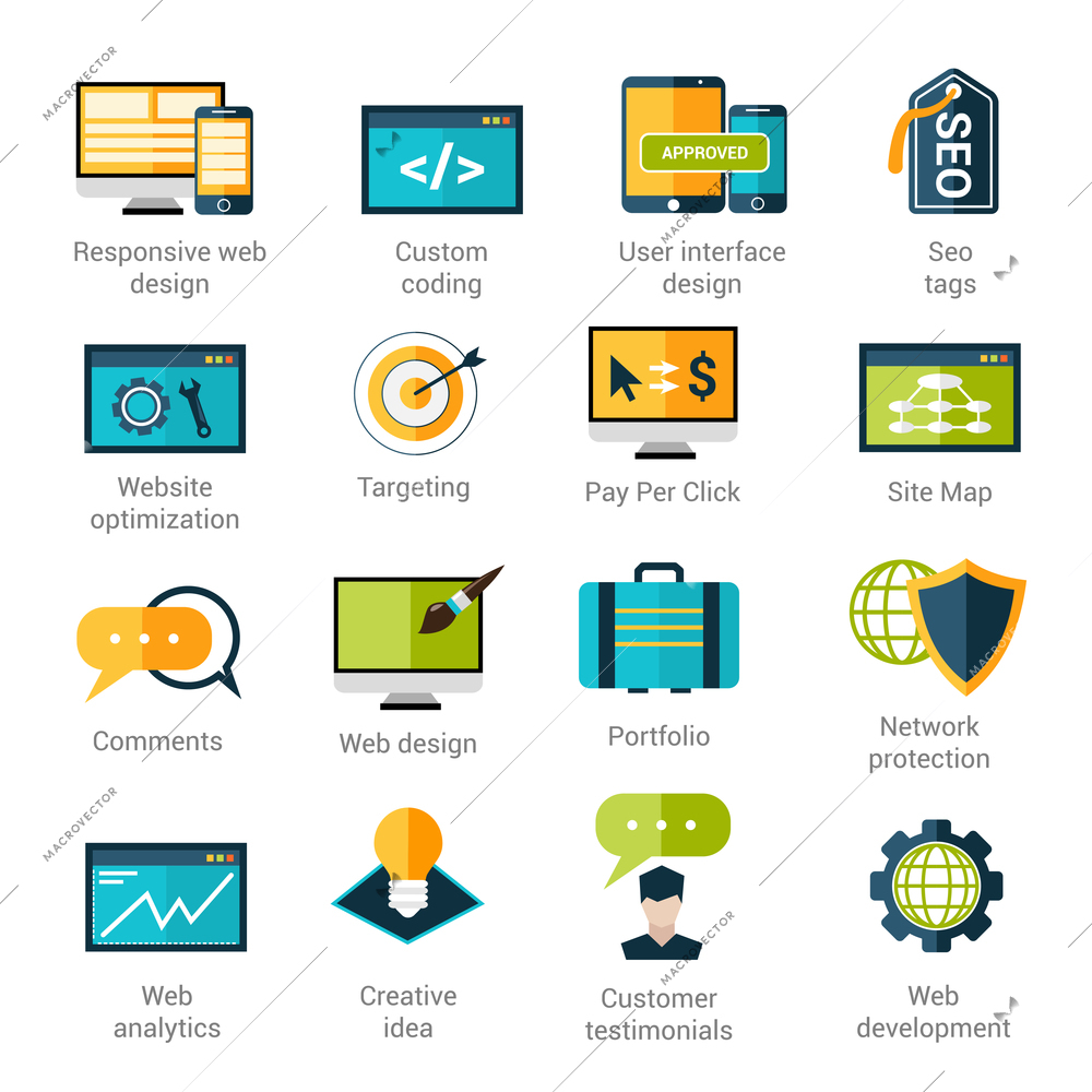 Web development icons set with responsive design custom coding seo tags isolated vector illustration