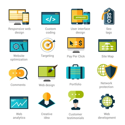 Web development icons set with responsive design custom coding seo tags isolated vector illustration