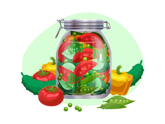 Pickles composition with isolated image of marinated vegetables in glass jars with ripe fruits vector illustration