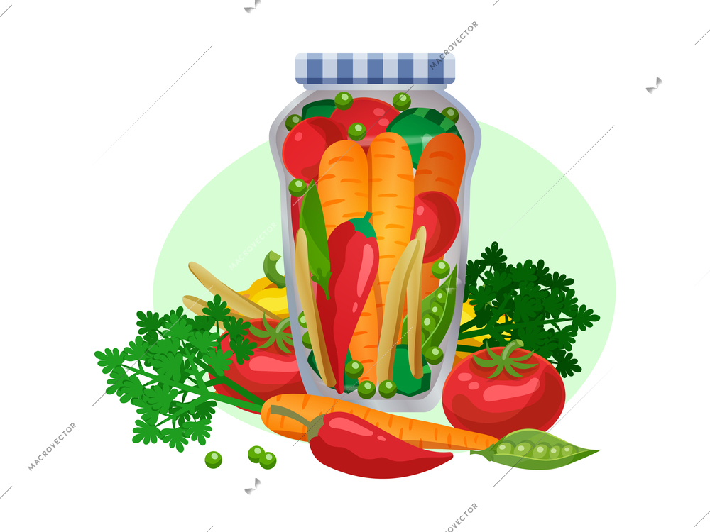 Pickles composition with isolated image of marinated vegetables in glass jars with ripe fruits vector illustration