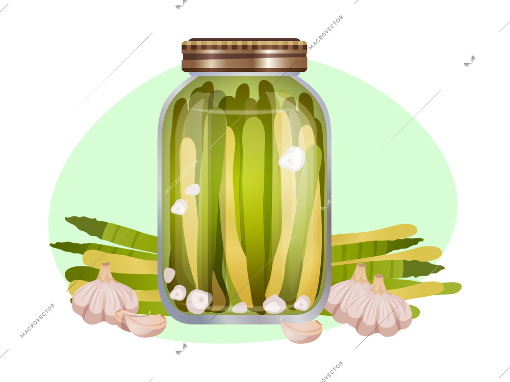 Pickles composition with isolated image of marinated vegetables in glass jars with ripe fruits vector illustration