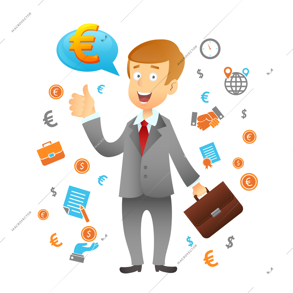 Businessman with business management and financial icons set vector illustration