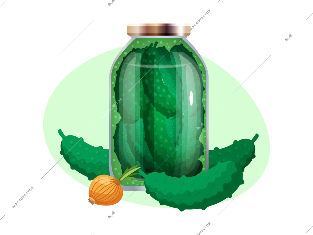 Pickles composition with isolated image of marinated vegetables in glass jars with ripe fruits vector illustration