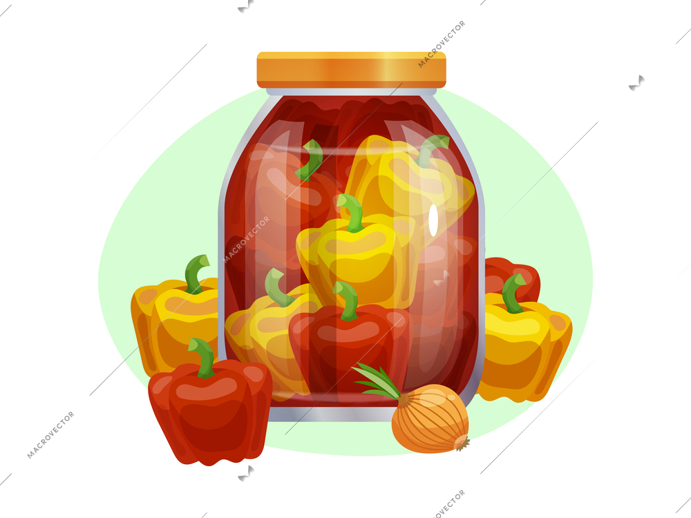 Pickles composition with isolated image of marinated vegetables in glass jars with ripe fruits vector illustration