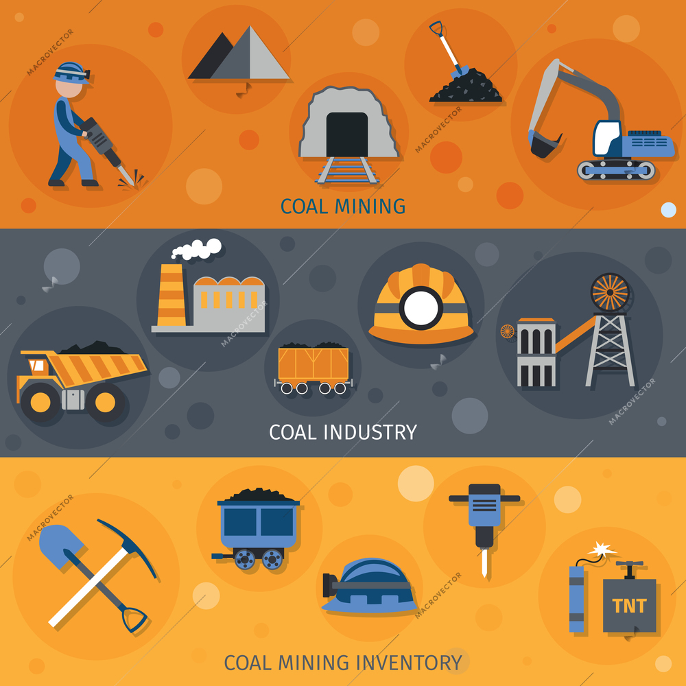 Coal industry horizontal banners set with mining inventory elements isolated vector illustration