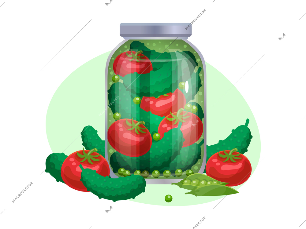 Pickles composition with isolated image of marinated vegetables in glass jars with ripe fruits vector illustration