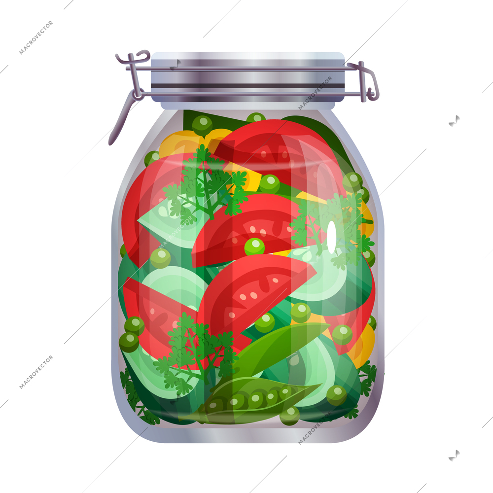 Pickles composition with isolated image of mason jar filled with marinated vegetables on blank background vector illustration