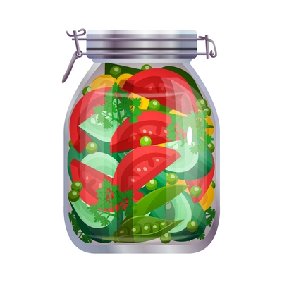 Pickles composition with isolated image of mason jar filled with marinated vegetables on blank background vector illustration