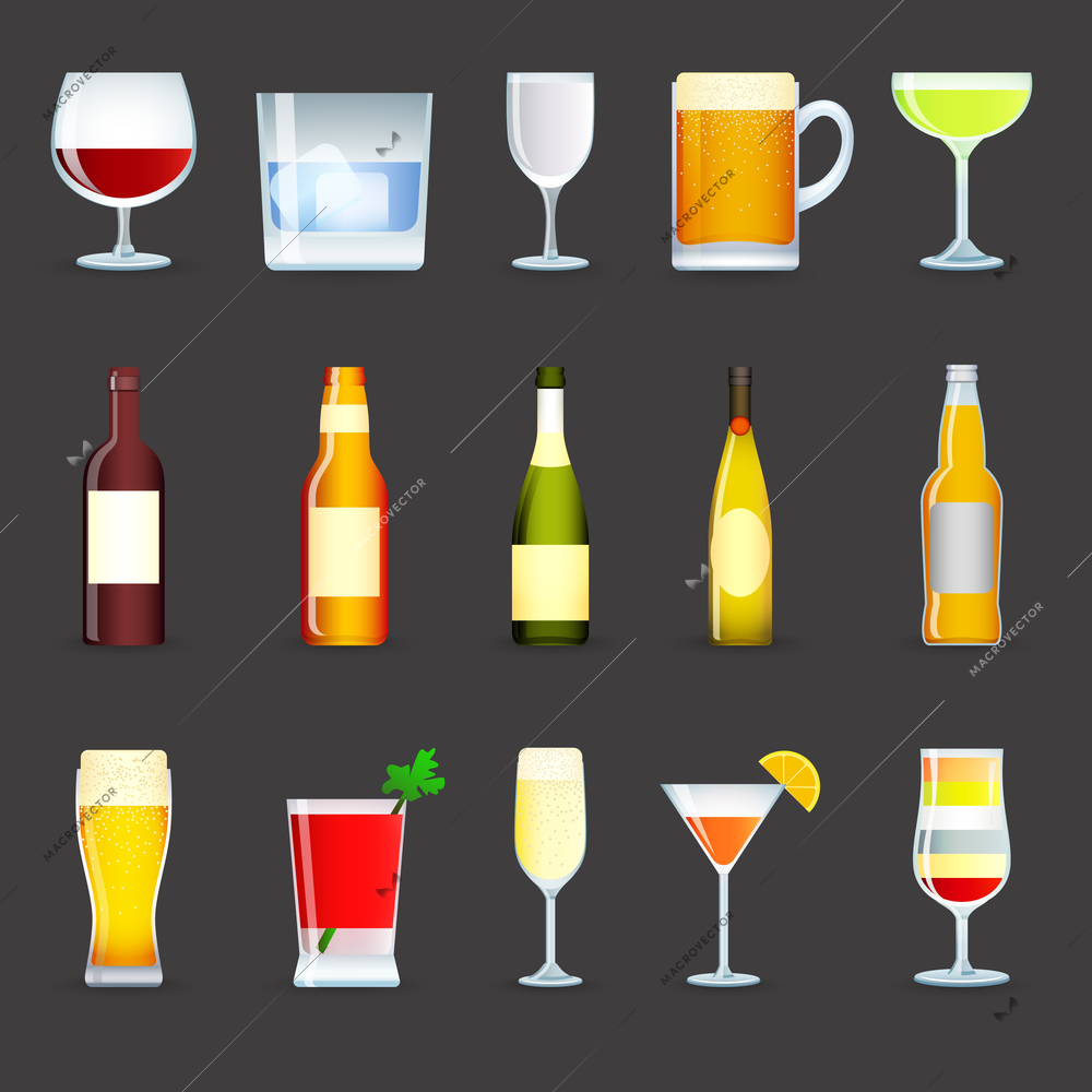 Alcohol drinks decorative icons set with cocktail beer wine vodka isolated vector illustration