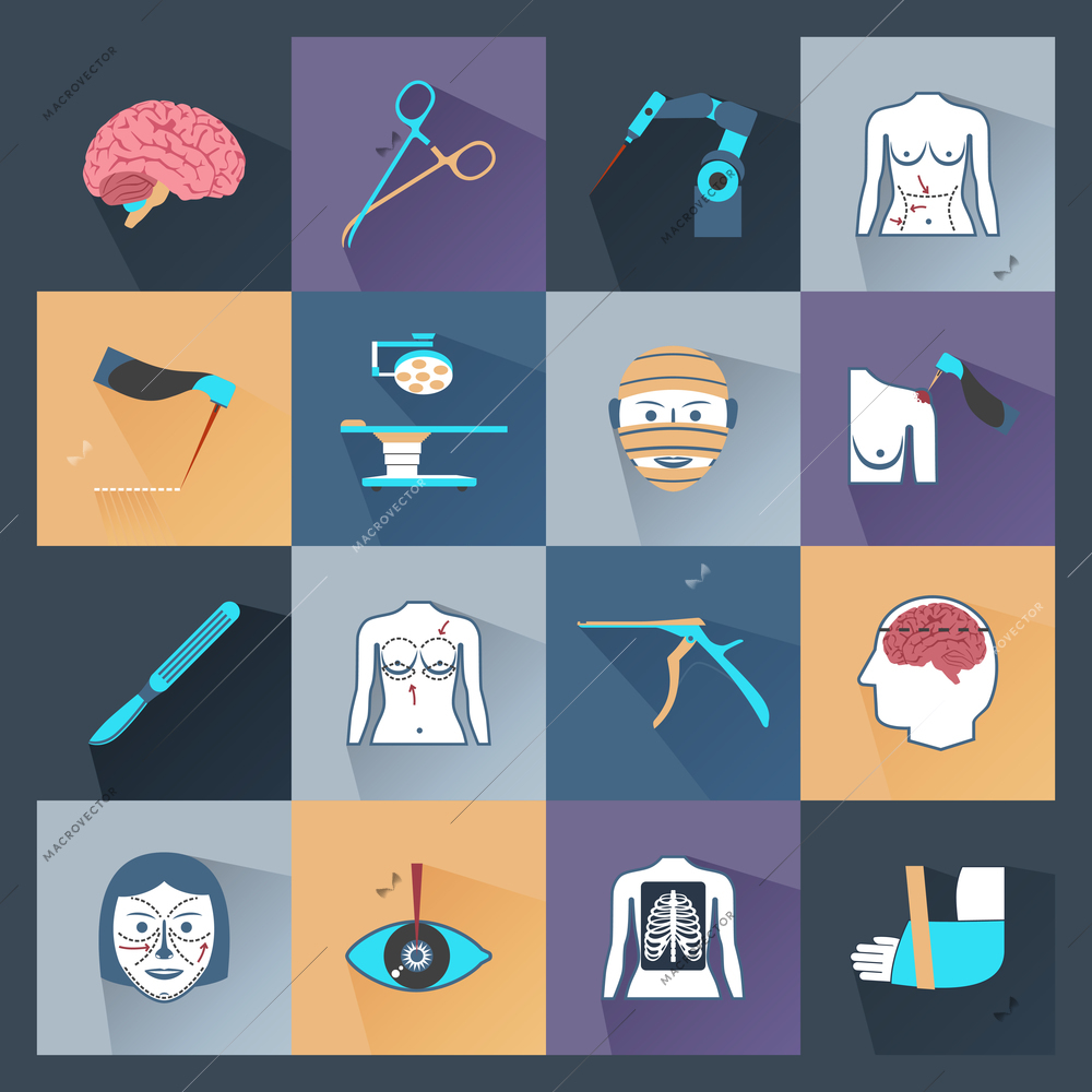 Surgery healthcare and plastic operation health care icons flat set isolated vector illustration