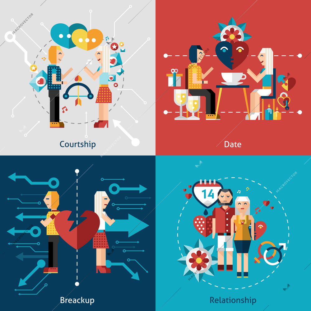 Dating flat icon set with courtship relationship breakup isolated vector illustration