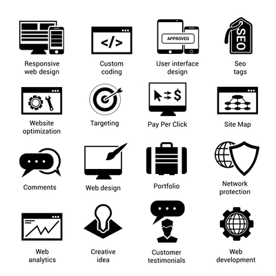 Web development black icons set with website optimization targeting pay per click site map isolated vector illustration