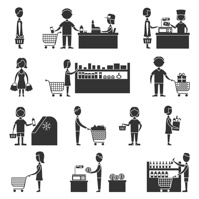 People in supermarket grocery store customers black icons set vector illustration