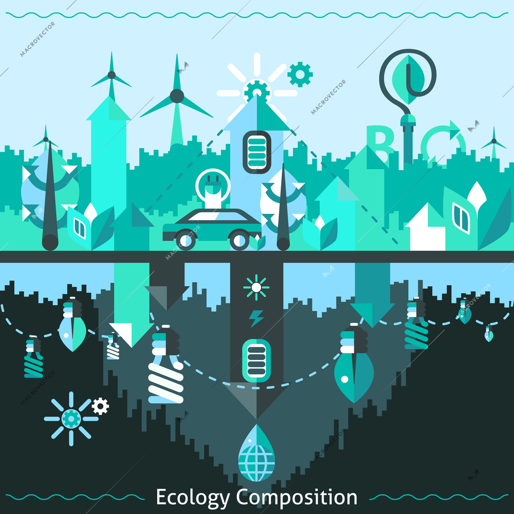 Ecology and recycling composition with alternative energy clean waste disposal icons vector illustration